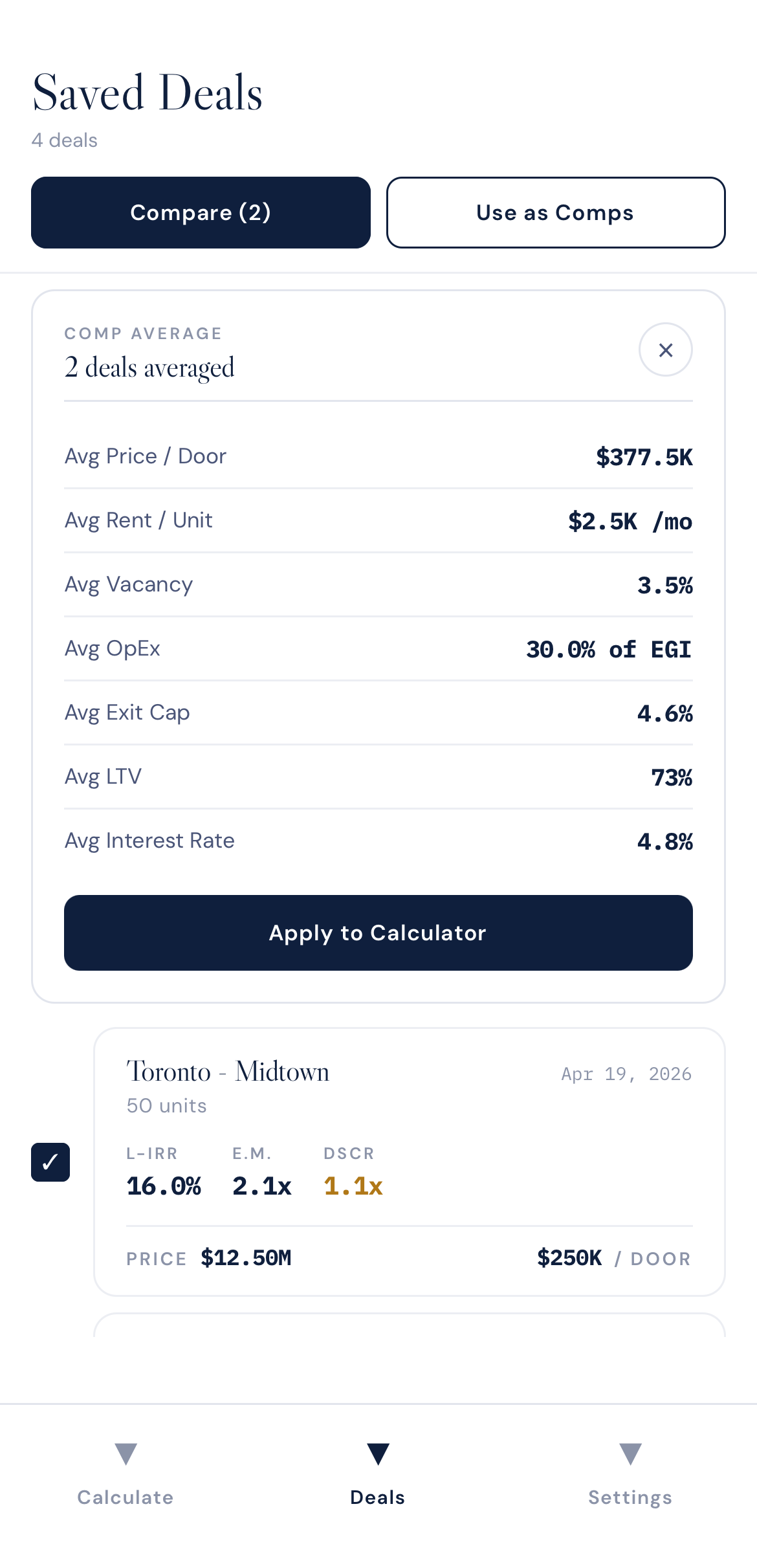 BOE Saved Deals with Comp Average preview and Apply to Calculator button